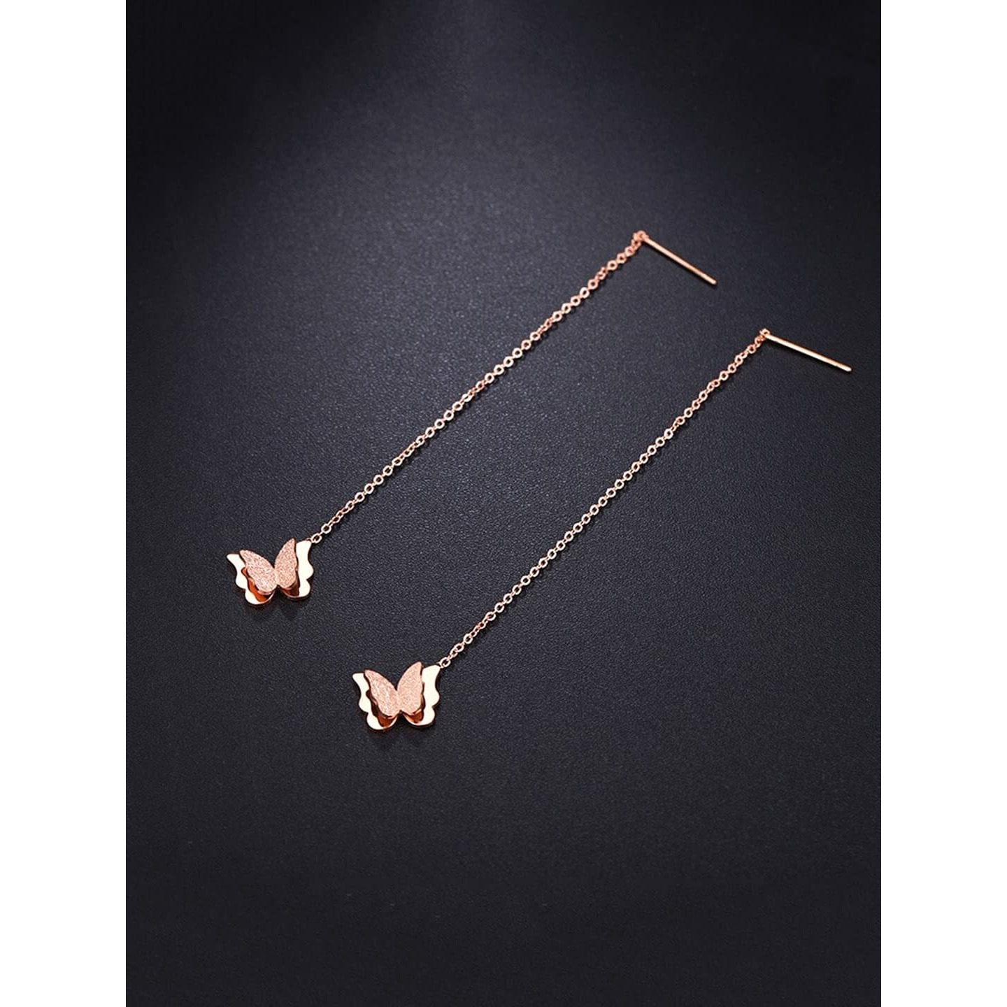 Yellow Chimes Threader Earrings for Women Western Rose Gold Plated Stainless Steel Butterfly Shaped Threader Earrings For Women and Girls Valentine Gift for Girls