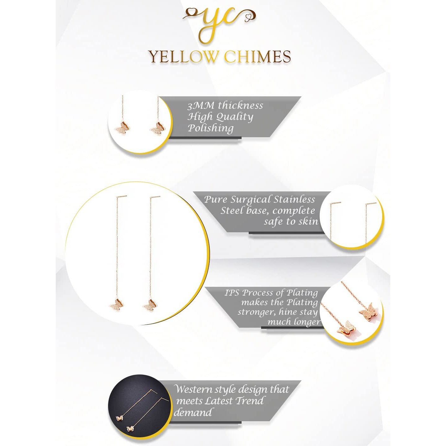 Yellow Chimes Threader Earrings for Women Western Rose Gold Plated Stainless Steel Butterfly Shaped Threader Earrings For Women and Girls Valentine Gift for Girls