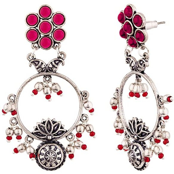 Voylla Oxidised Silver Floral Drop Style Hoop Earrings with Pink Stone for Women and Girls
