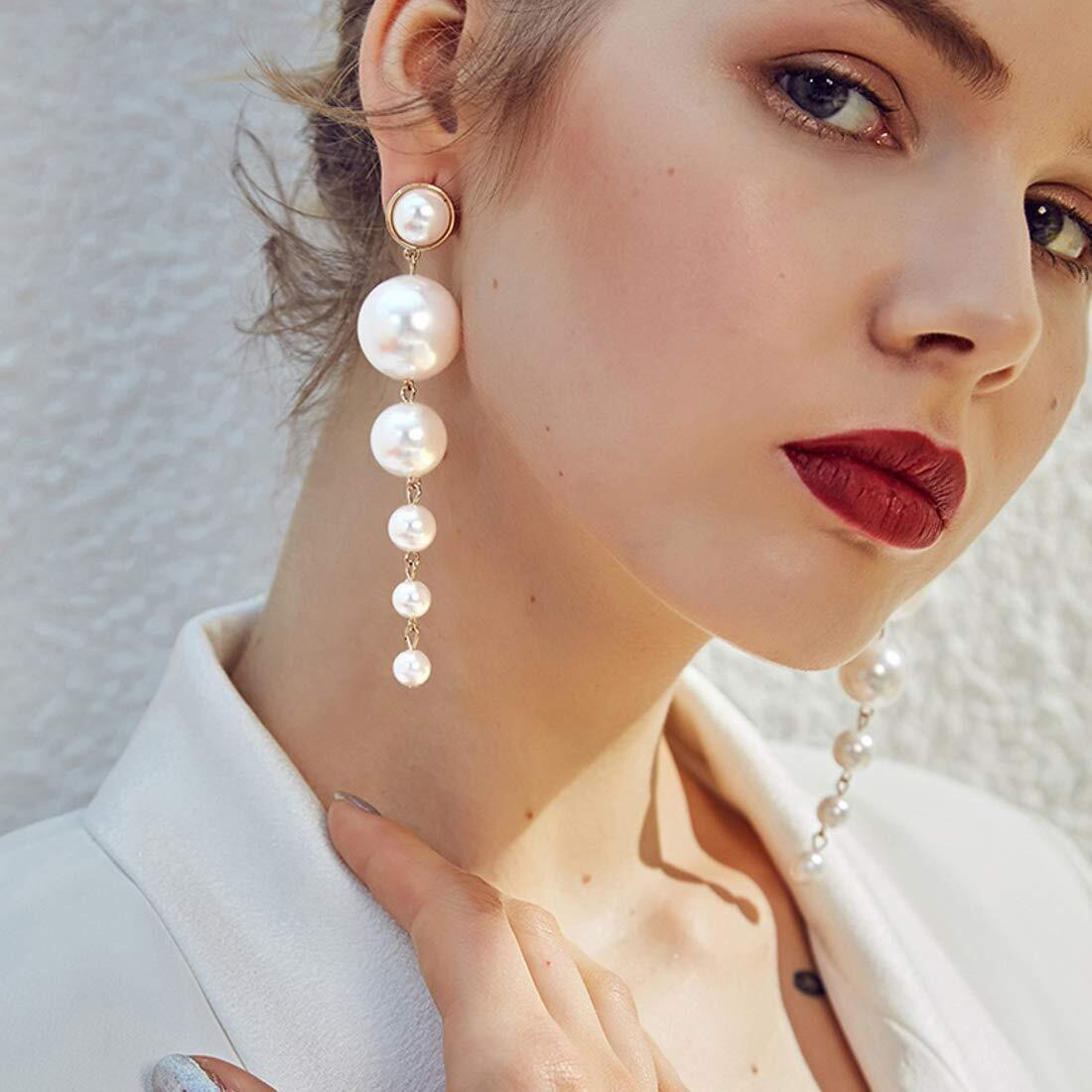 Yellow Chimes Pearl Danglers Earrings for Women | White Earrings for Girls | Fashion Women Earrings | Long Chain Hanging Pearl Earrings | Birthday Gift For Girls Anniversary Gift for Wife