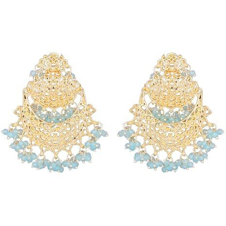 Gehena By Estele Gold Plated Trellis Designer Chandbali Earrings with Blue Beads for Girl's and Women