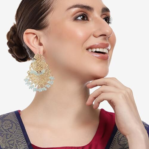 Gehena By Estele Gold Plated Trellis Designer Chandbali Earrings with Blue Beads for Girl's and Women
