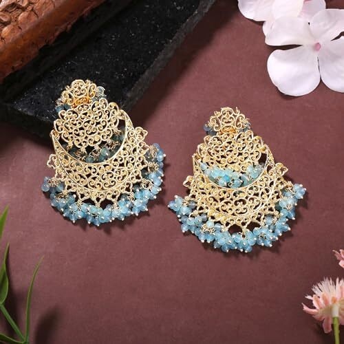 Gehena By Estele Gold Plated Trellis Designer Chandbali Earrings with Blue Beads for Girl's and Women