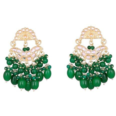 Gehena by Estele Gold Plated Elegant Kundan Studded Drop Earrings with Green Beaded Pearls for Girls and Women