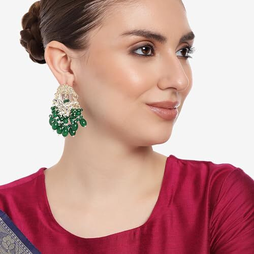 Gehena by Estele Gold Plated Elegant Kundan Studded Drop Earrings with Green Beaded Pearls for Girls and Women