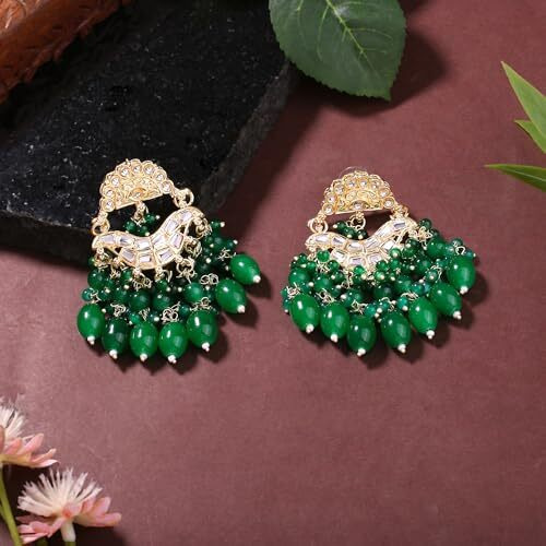 Gehena by Estele Gold Plated Elegant Kundan Studded Drop Earrings with Green Beaded Pearls for Girls and Women
