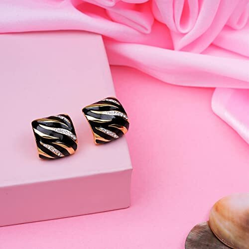 Estele Jewellery For Women Gold Plated Square Designer Stud Earrings with Black Enamel for Girls and Women-671/724 ER