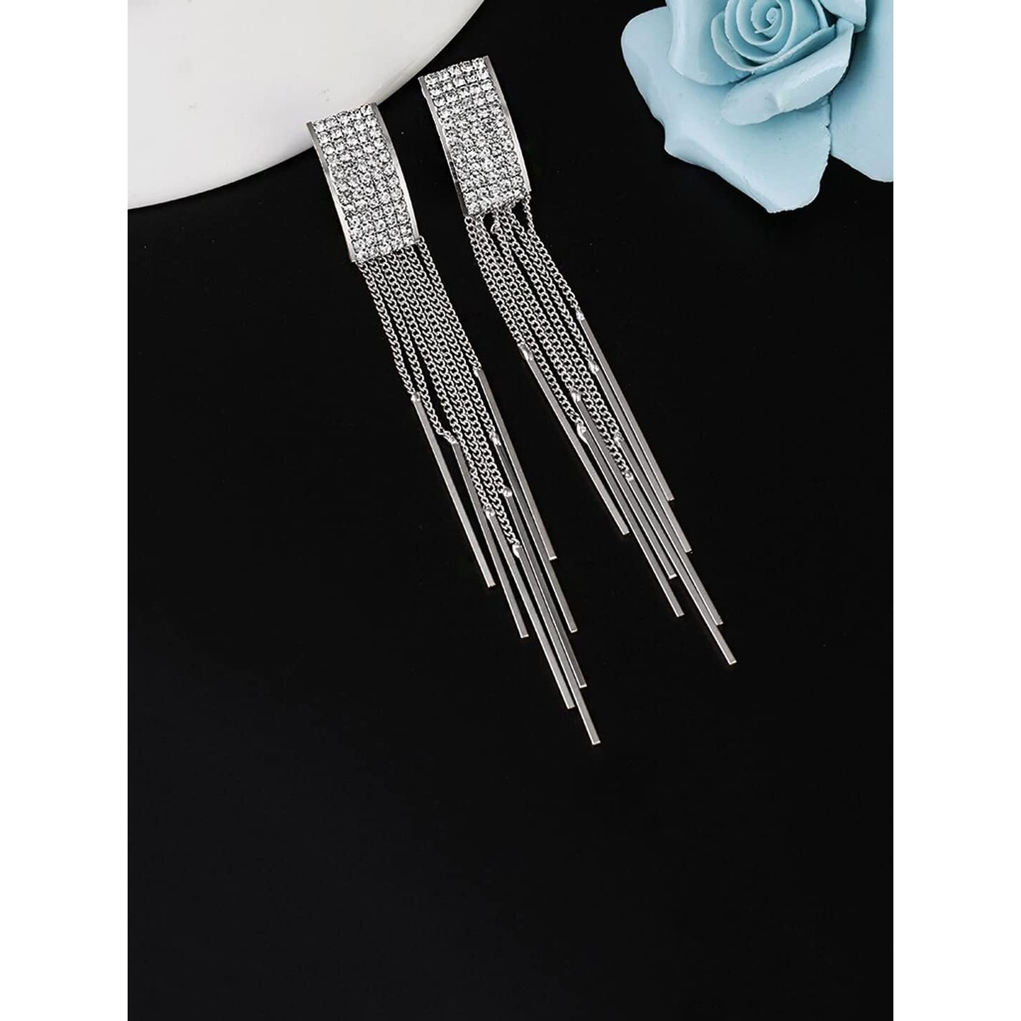 Yellow Chimes Crystal Danglers Earrings for Women | Silver Earrings for Girls | Fashion Women Earrings | Long Chain Dangler Earrings | Birthday Gift For Girls Anniversary Gift for Wife