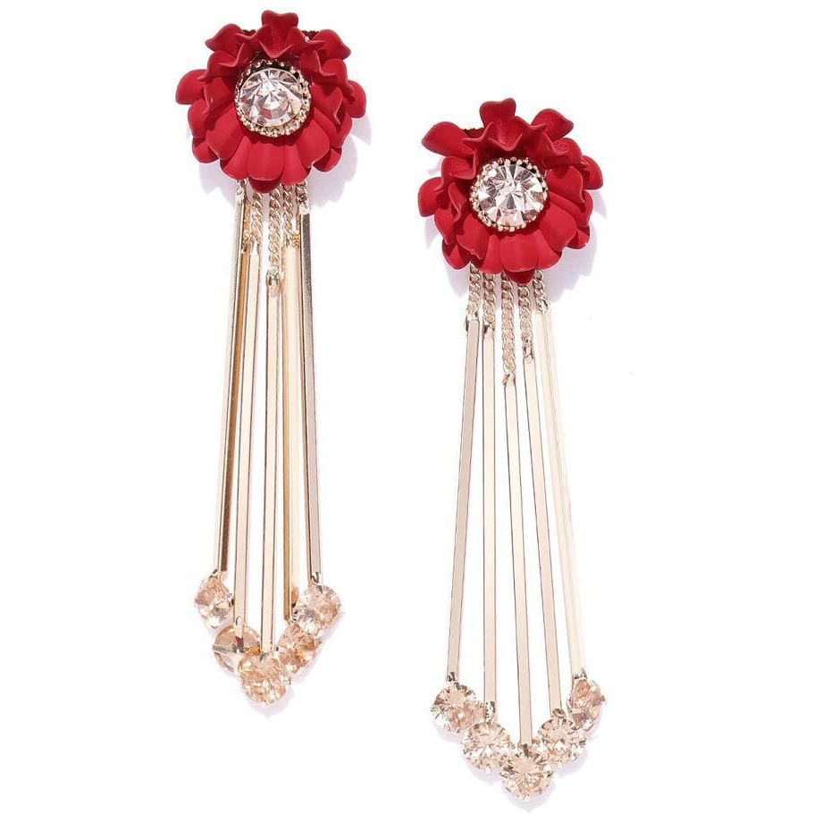 Yellow Chimes Earrings for Women and Girls | Fashion Red Crystal Dangler Earring | Gold Plated Dangler | Floral Shaped Western Long Danglers Earrings | Accessories Jewellery for Women | Birthday Gift for Girls and Women Anniversary Gift for Wife