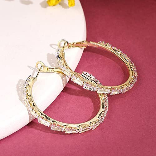 Yellow Chimes Hoop Earrings for Women Fashion White Crystal Hoops | Gold Plated Big Hoop Bali Earrings for Girls | Birthday Gift for Girls & Women Anniversary Gift for Wife