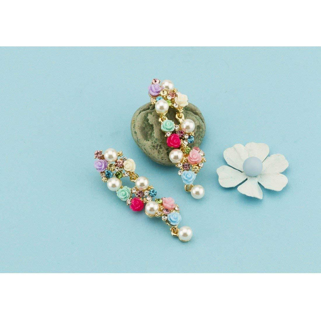 Yellow Chimes Pearl Earrings for Women Fashion Collection Multicolor Rose Floral Design Gold Plated Danglers Earrings For Women