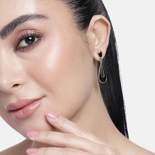 Estele Jewellery For Women Gold Plated Classic Drop Earrings with Black Enamel for Girls and Women-580/708 ER