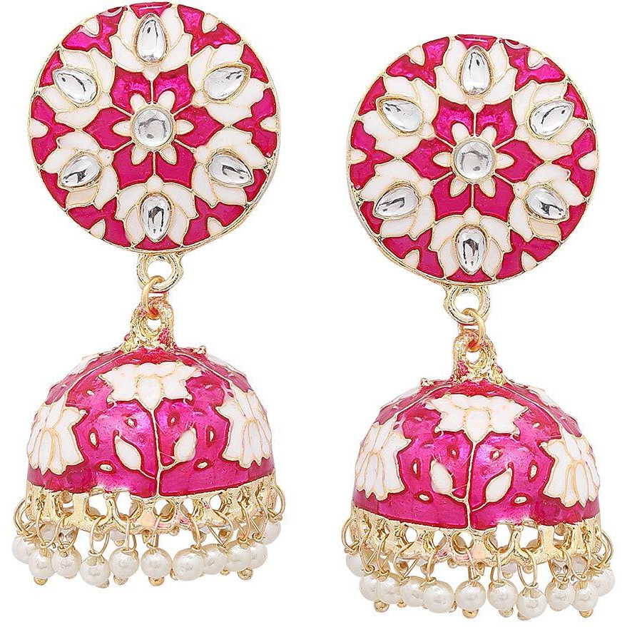 Yellow Chimes Earrings for Women & Girls | Traditional Pink Meenakari Jhumka | Gold Plated Kundan Jhumkas | Floral Jhumki Earrings | Birthday & Anniversary Gift