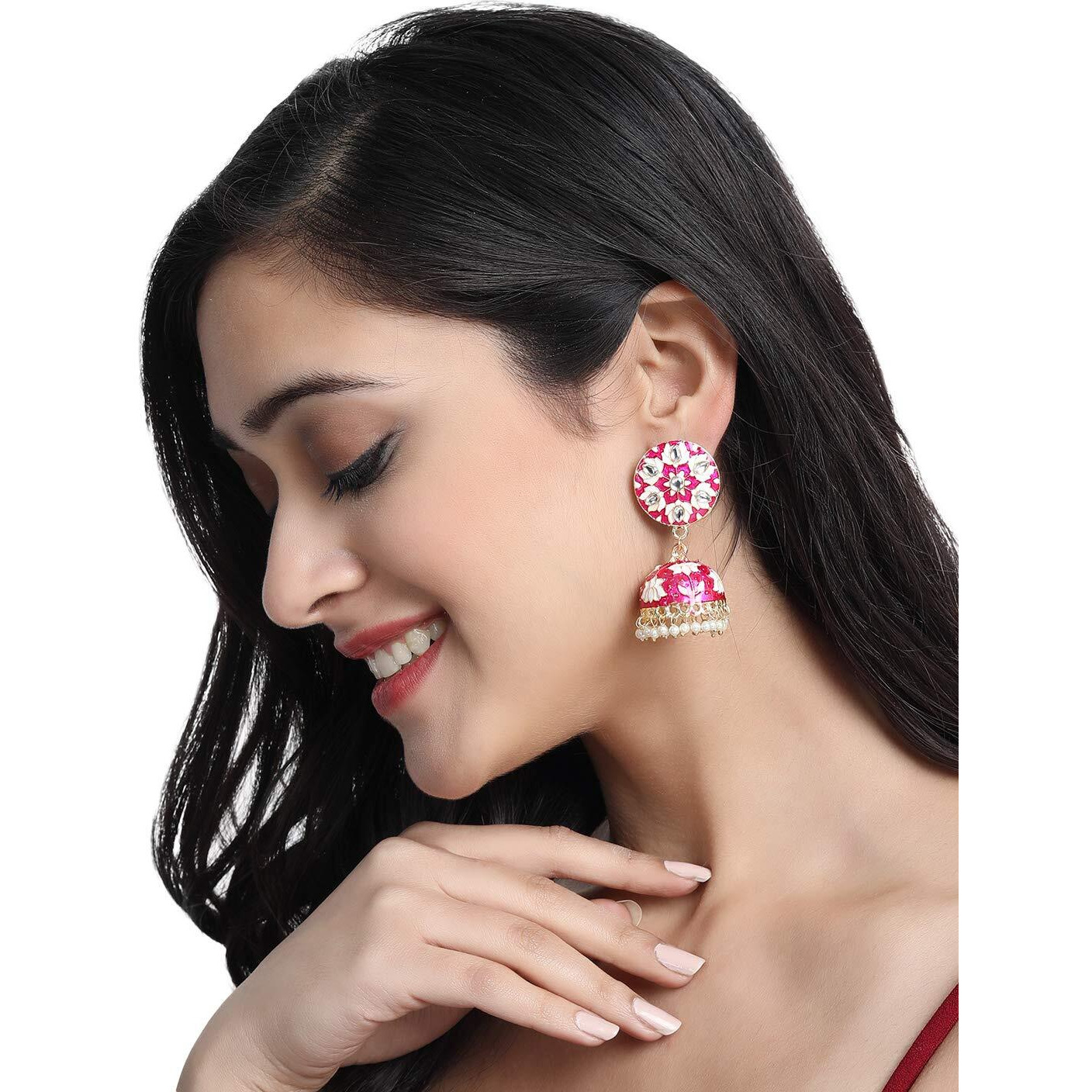 Yellow Chimes Earrings for Women & Girls | Traditional Pink Meenakari Jhumka | Gold Plated Kundan Jhumkas | Floral Jhumki Earrings | Birthday & Anniversary Gift