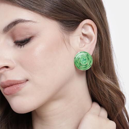 Estele Green Enamel 24KT Gold Plated Brass Round Stud Earrings for Women and Girls