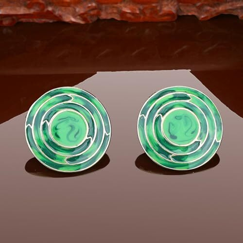 Estele Green Enamel 24KT Gold Plated Brass Round Stud Earrings for Women and Girls