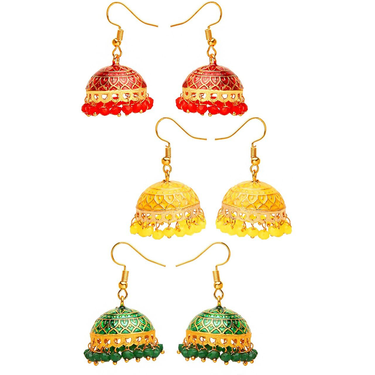 Yellow Chimes Meenakari Jumka Earrings with Ethnic Design Gold Plated Traditional Beads Combo of 3 pair for Women and Girls
