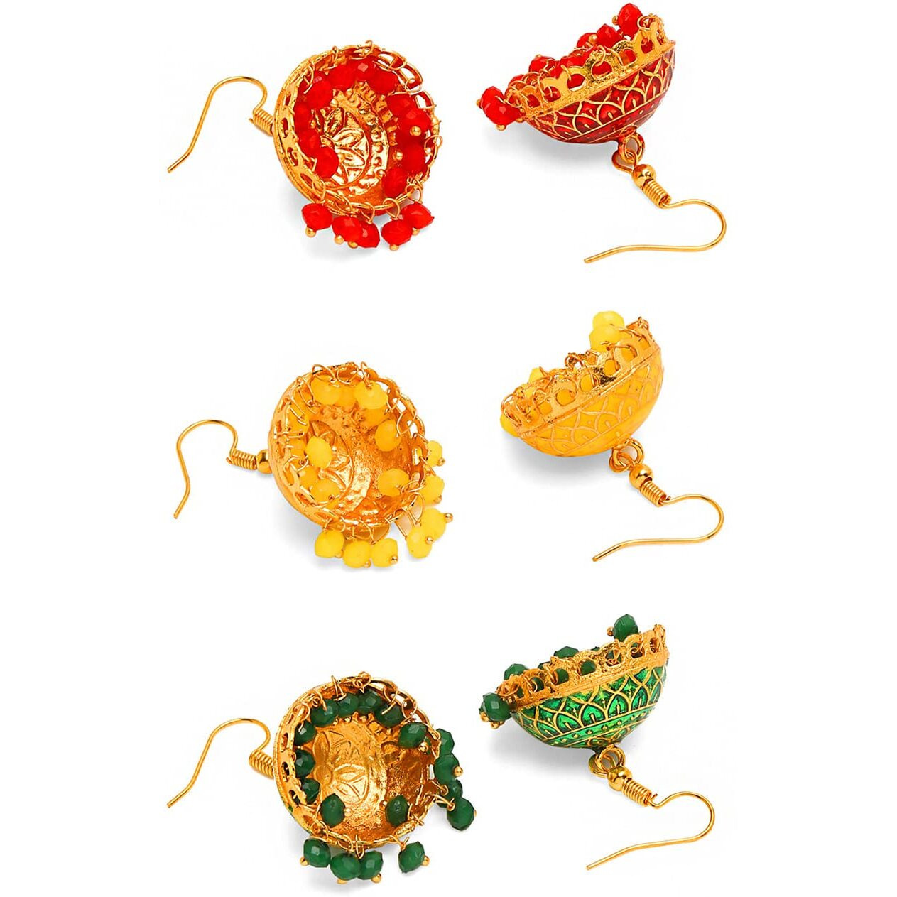 Yellow Chimes Meenakari Jumka Earrings with Ethnic Design Gold Plated Traditional Beads Combo of 3 pair for Women and Girls