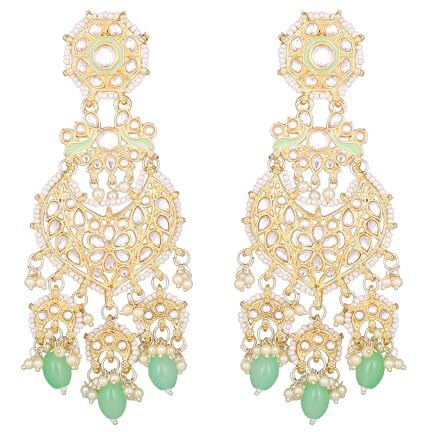 Gehena by Estele Gold Plated Gorgeous Drop Earrings with Kundan & Mint Green Beads for Girls/Women