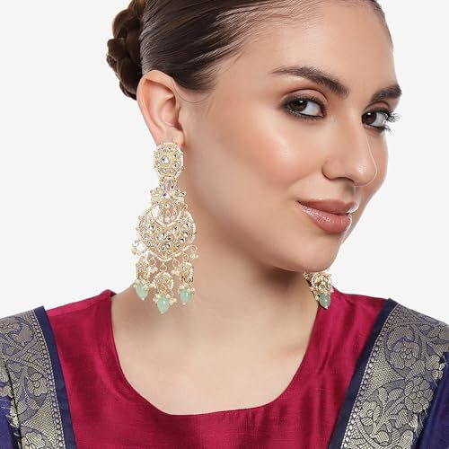 Gehena by Estele Gold Plated Gorgeous Drop Earrings with Kundan & Mint Green Beads for Girls/Women