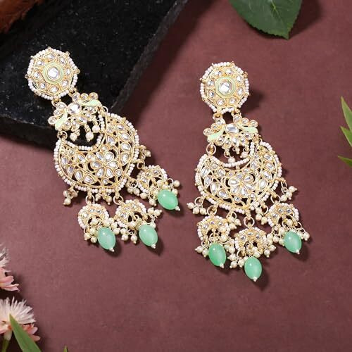 Gehena by Estele Gold Plated Gorgeous Drop Earrings with Kundan & Mint Green Beads for Girls/Women