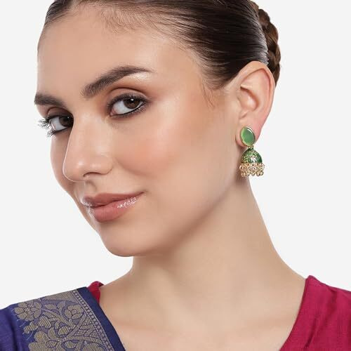Gehena By Estele Gold Plated Traditional Meenakari Designer Jhumka Earrings with Green Enamel for Girl's and Women