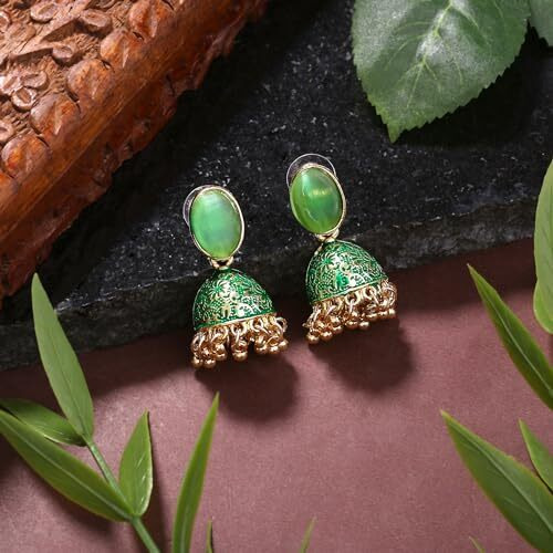 Gehena By Estele Gold Plated Traditional Meenakari Designer Jhumka Earrings with Green Enamel for Girl's and Women