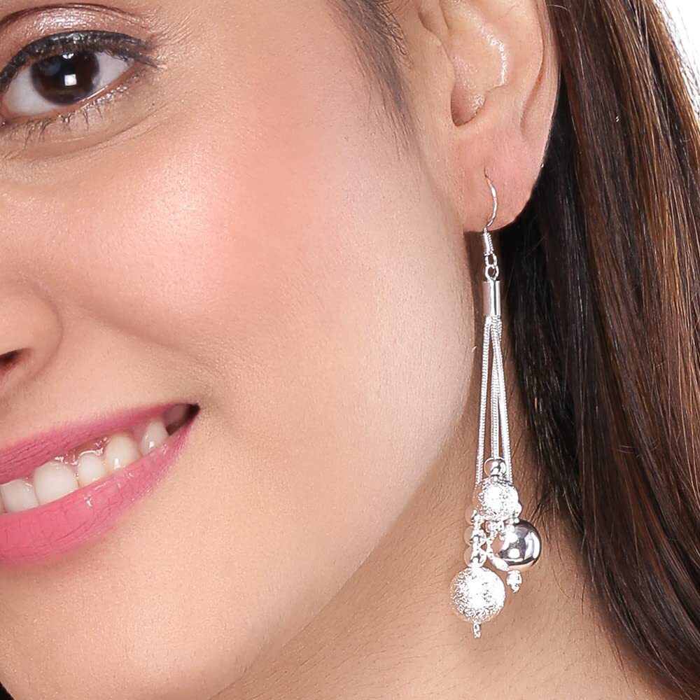 Yellow Chimes Beaded Chains Tassel Silver Plated Drop Earrings for Women (YCCHER-03-SL)