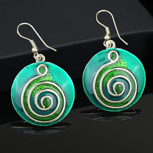 Estele Fashion Jewellery Gold Plated Swirl on Disc Designer Drop Earrings with Green Enamel for Girls and Women-6683-ER ER