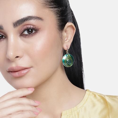 Estele Fashion Jewellery Gold Plated Swirl on Disc Designer Drop Earrings with Green Enamel for Girls and Women-6683-ER ER