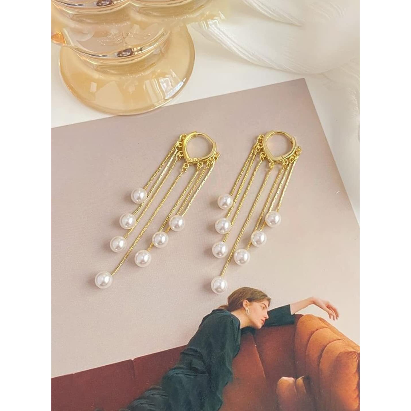 Yellow Chimes Earrings For Women Gold Toned Pearl Beads Hanging Drop Dangler Earrings For Women and Girls