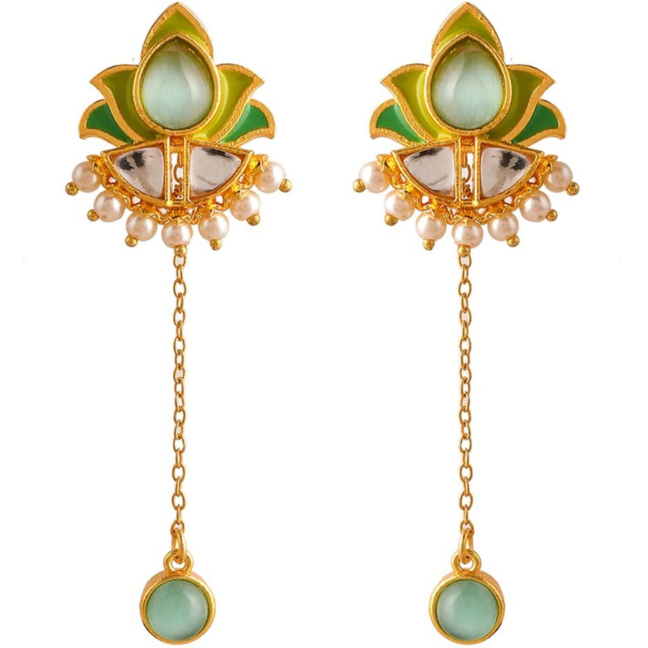Voylla Forever More Green Stones and Pearls Enamelled Drop Earrings