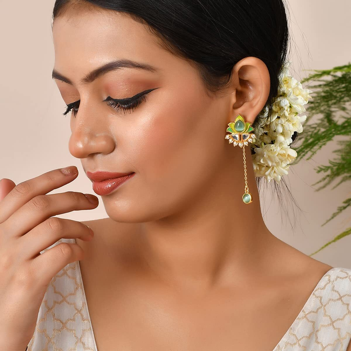 Voylla Forever More Green Stones and Pearls Enamelled Drop Earrings