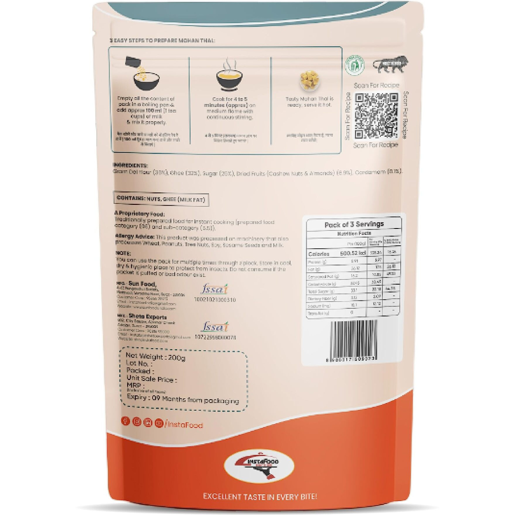 INSTAFOOD Mohanthal | Ready to Cook Indian Gujrati Sweet | Ready to Eat Sweet | 3-4 Servings | Pack of 1 (200g)| Zip Lock Packaging | After Cooking Gets 300GM to Serve | Just Add Milk and Cook