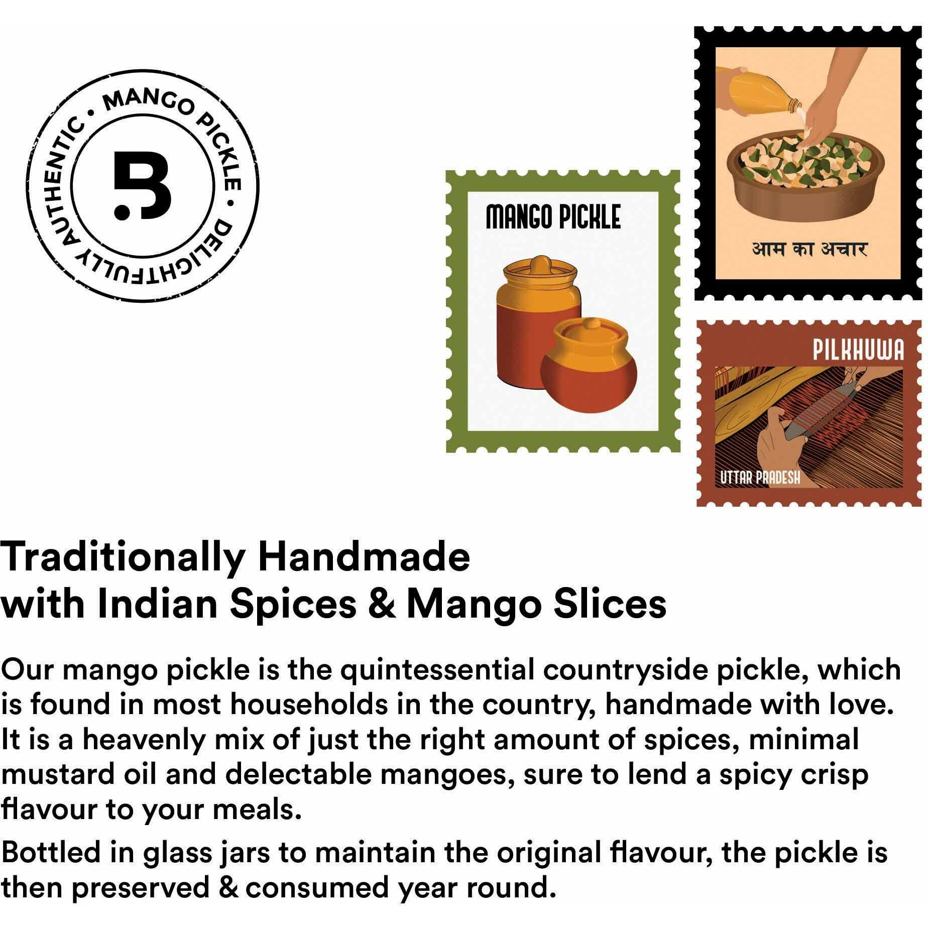 Barosi Mango Pickle 300gm | Traditional Recipe, Handmade with Mustard Oil & Rock Salt | Low Oil, No Artificial Preservatives | Tasty Aam Ka Achar | Glass Jar