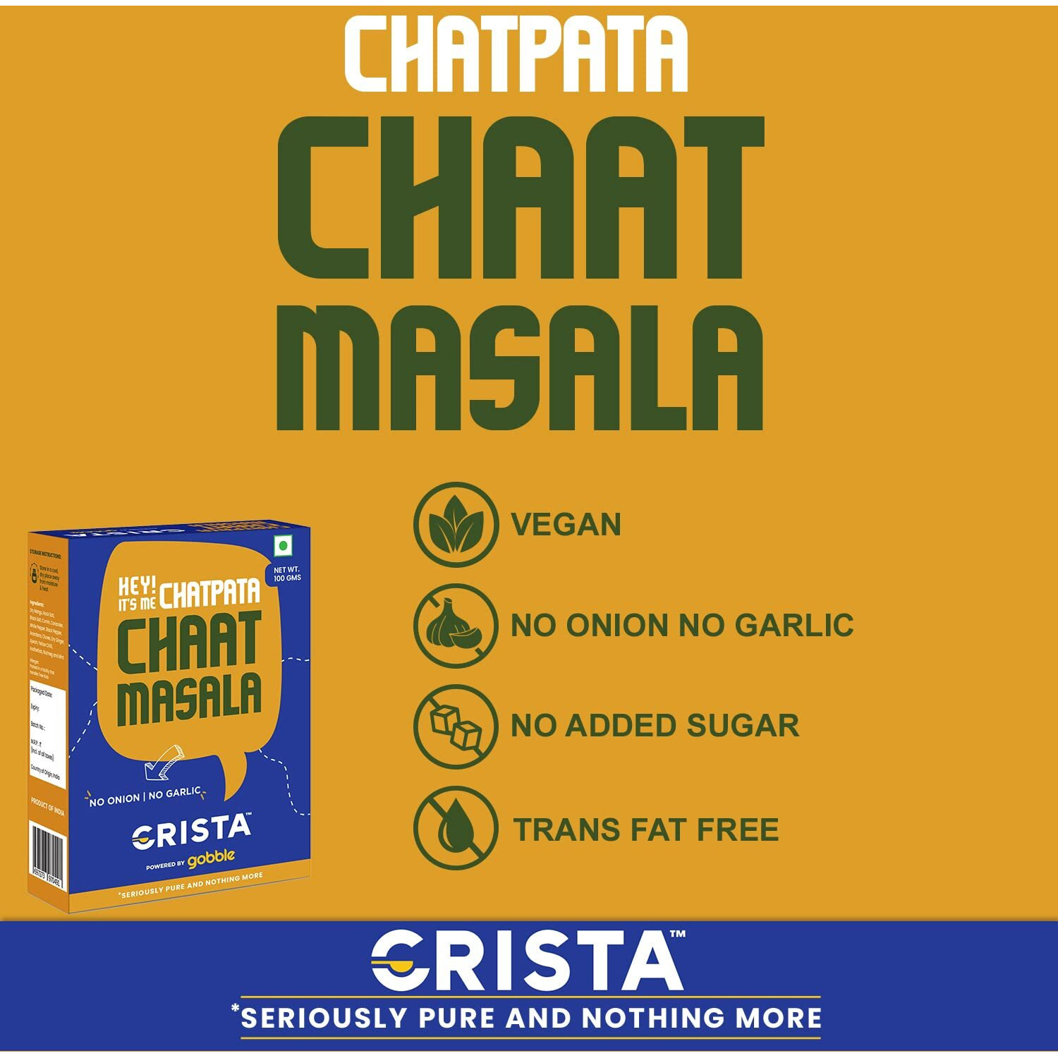 CRISTA Chatpata Chaat Masala | Premium Spices & Herbs Blend | Tangy | Vegan | No Onion | No Garlic | No Added Sugar | Trans Fat Free | Zero added Colours, Fillers, Additives & Preservatives | 100 gms