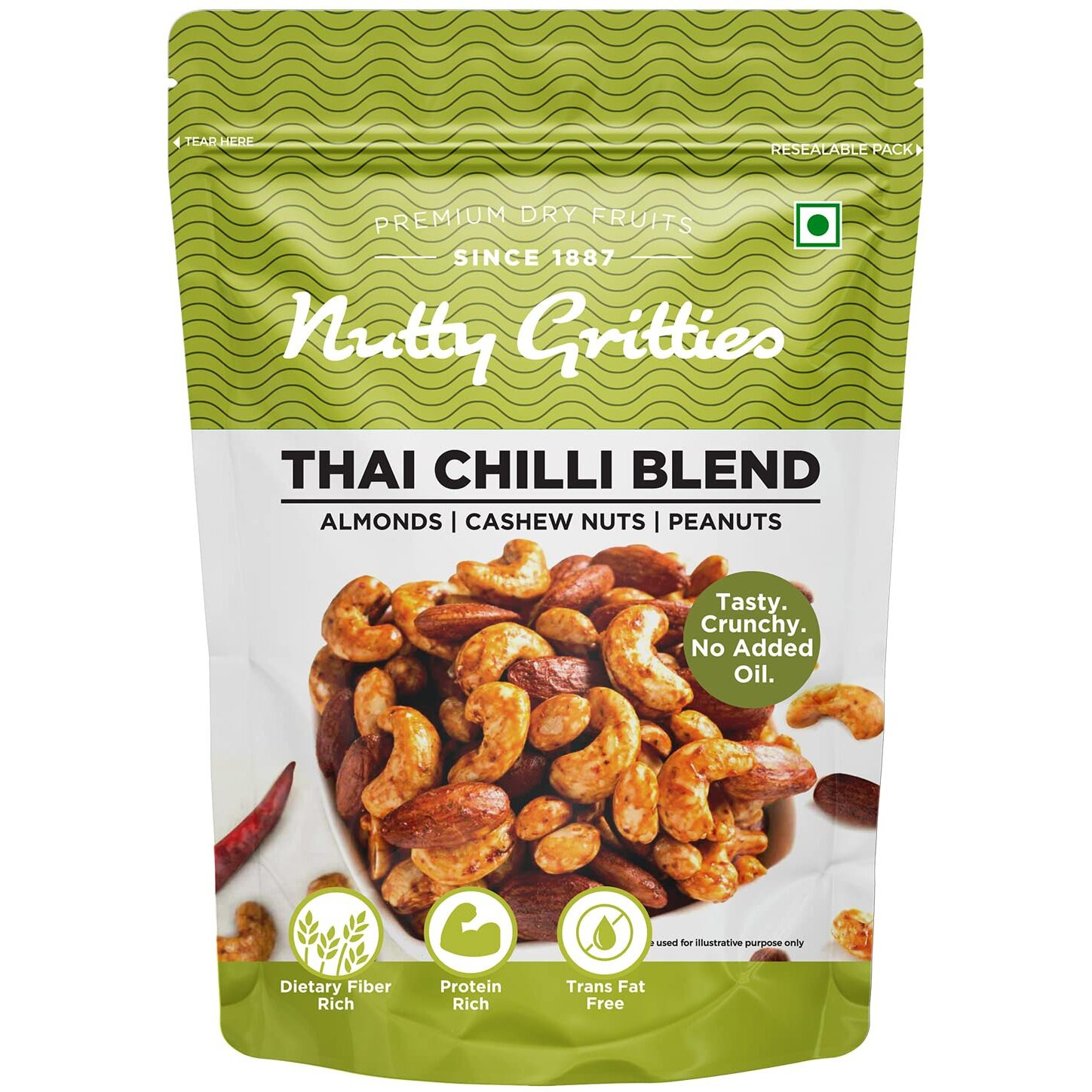 Nutty Gritties Thai Chilli Blend Trail Mix 200g - Roasted Spicy Flavoured Almonds, Cashews and Peanuts| Healthy Party Snack | Dry Roasted, Non Fried, Zero Oil, Crunchy, Tasty