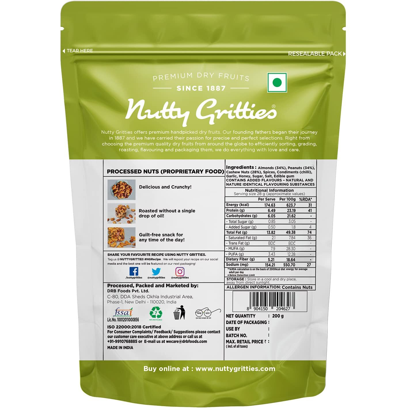 Nutty Gritties Thai Chilli Blend Trail Mix 200g - Roasted Spicy Flavoured Almonds, Cashews and Peanuts| Healthy Party Snack | Dry Roasted, Non Fried, Zero Oil, Crunchy, Tasty