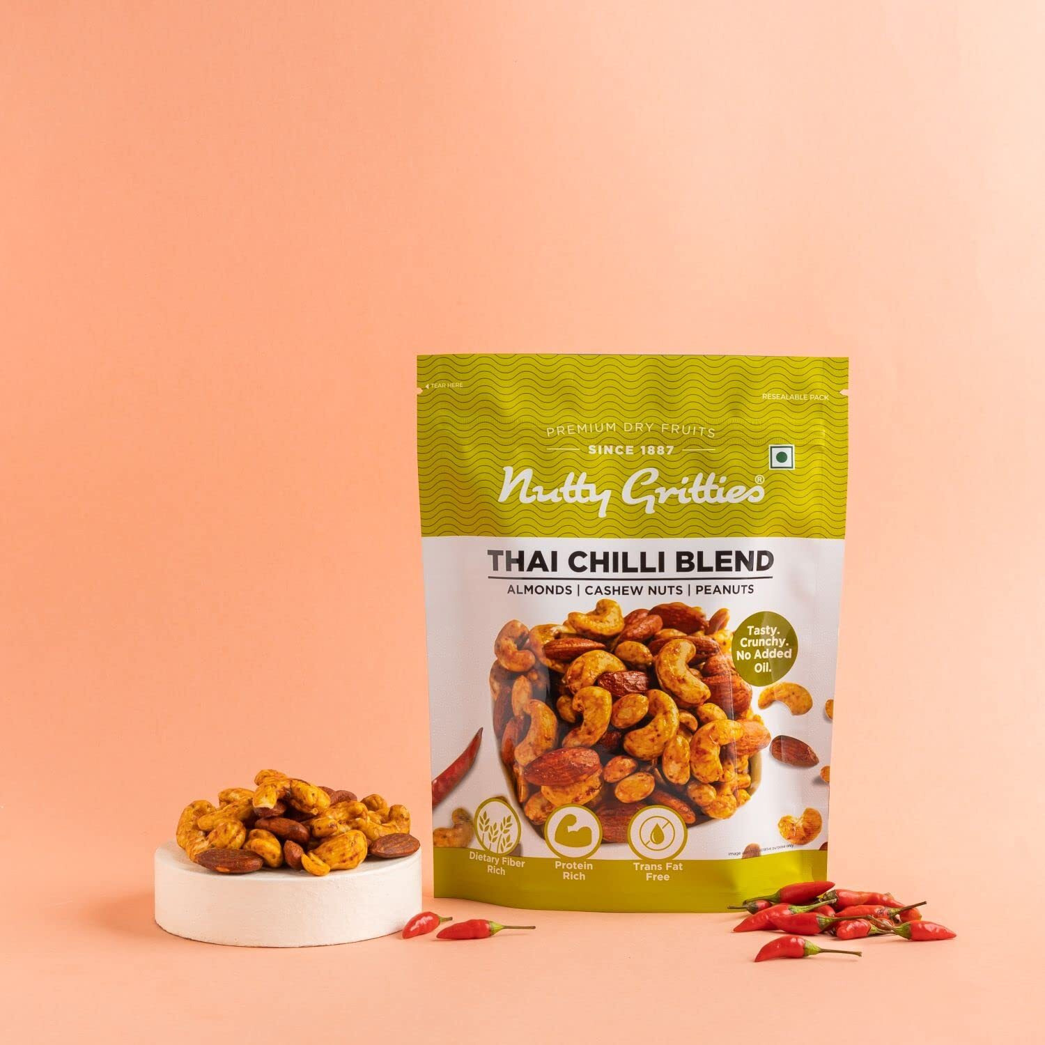 Nutty Gritties Thai Chilli Blend Trail Mix 200g - Roasted Spicy Flavoured Almonds, Cashews and Peanuts| Healthy Party Snack | Dry Roasted, Non Fried, Zero Oil, Crunchy, Tasty