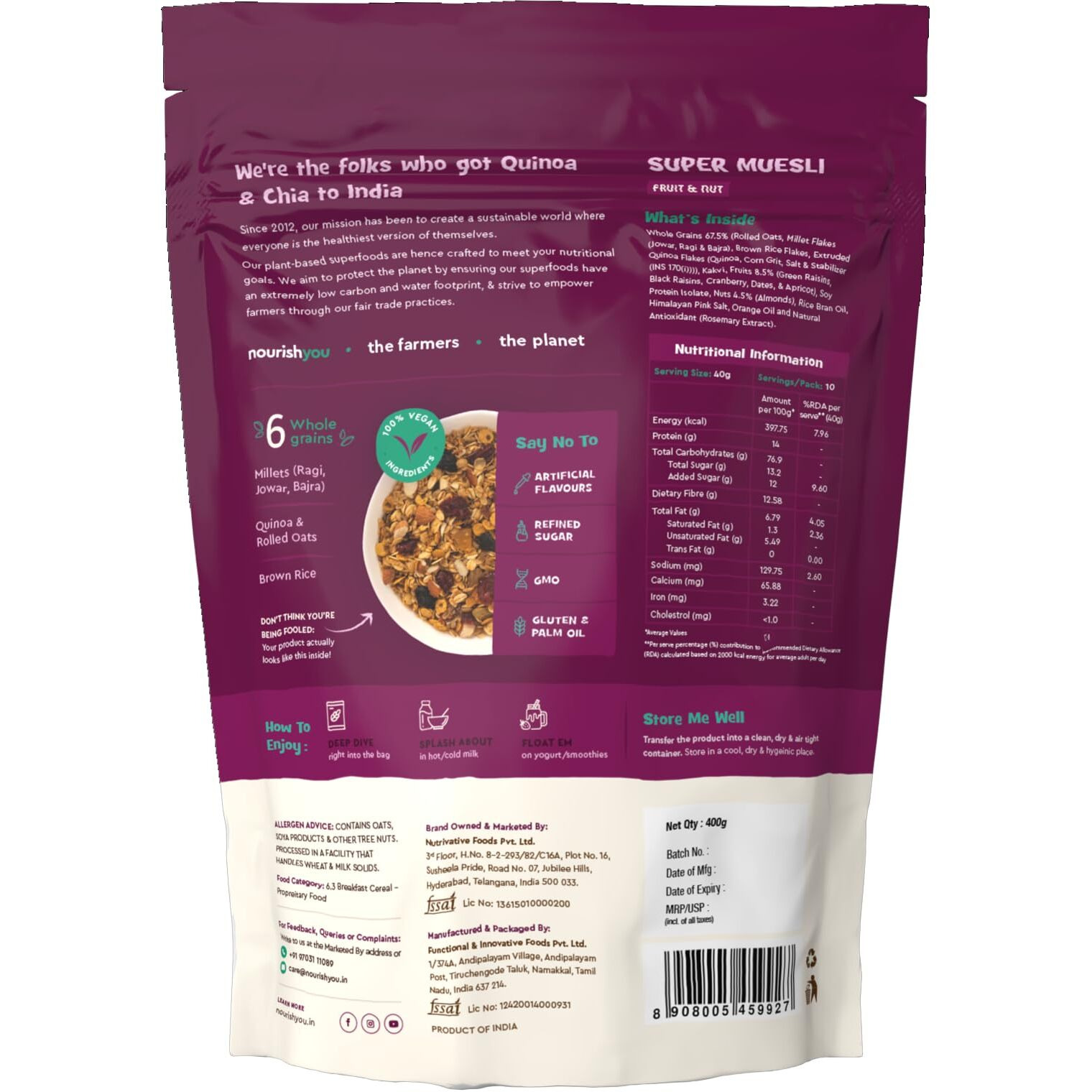 Nourish You Quinoa Muesli, Honey and Nuts, 375g