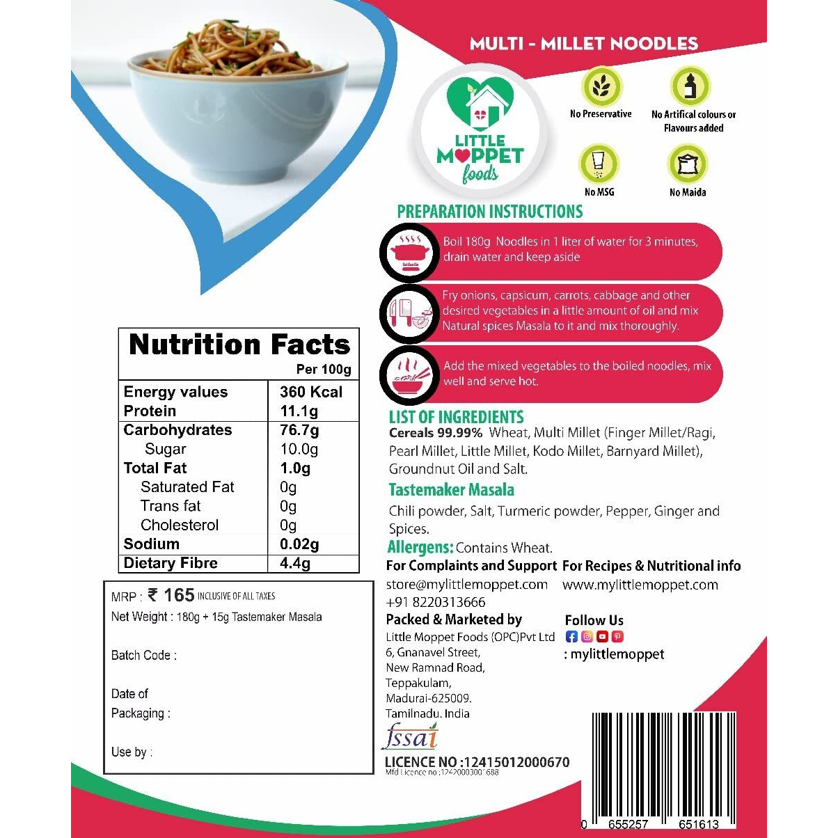 Little Moppet Foods Vegetarian Noodles - 195 grams (Multimillet Noodles)