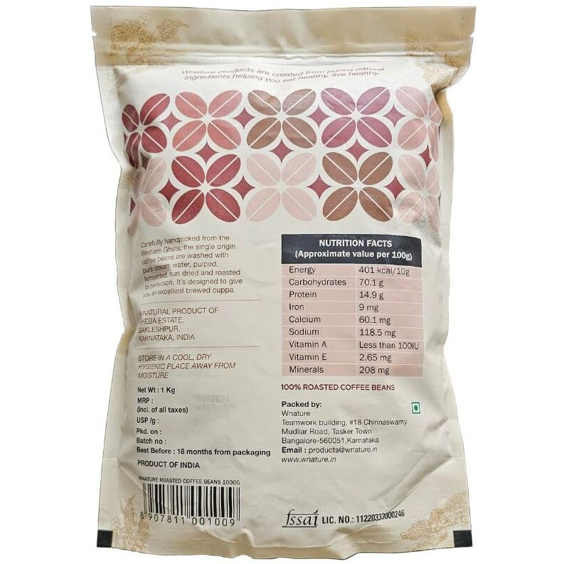 Wnature Organic Roasted, Coffee Beans,Medium roast, 100% Pure N Natural, Bag, 1kg