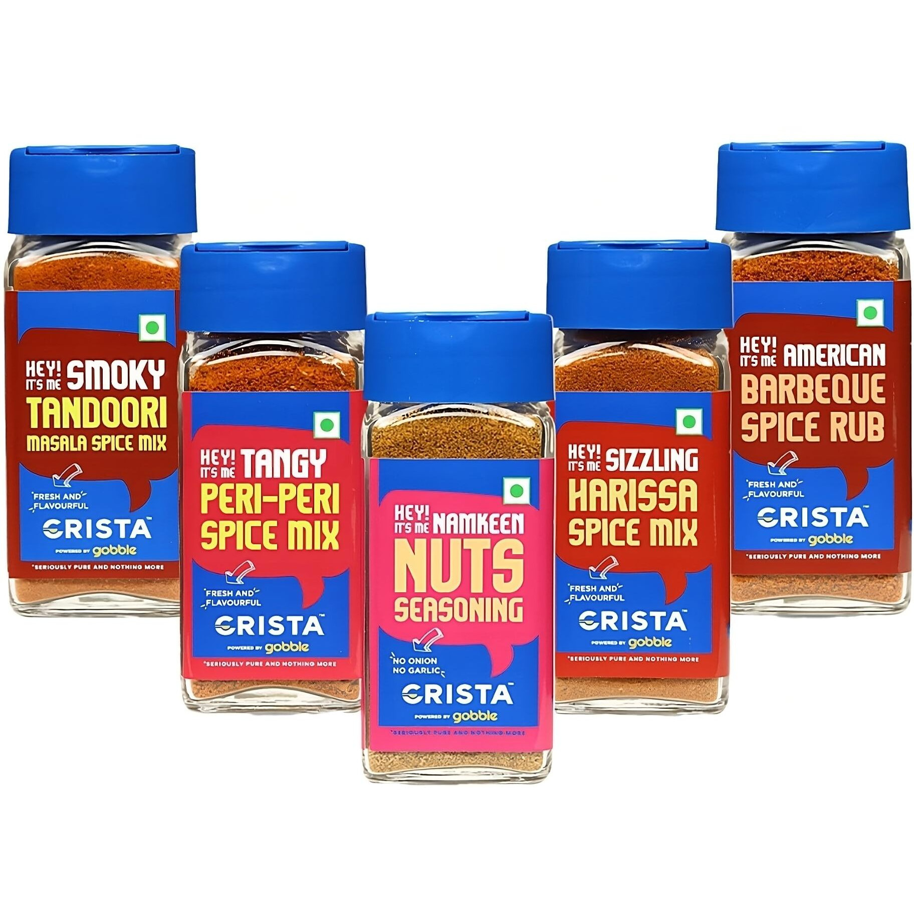 CRISTA Grill Rubs & Seasonings Combo | Barbeque Spice Rub x 1, 50 gms | Tandoori Masala Spice Mix x 1, 45 gms | Harissa Mix x 1, 45 gms | Nuts Seasoning x 1, 50 gms | Peri-Peri x 1, 45 gms | Set of 5