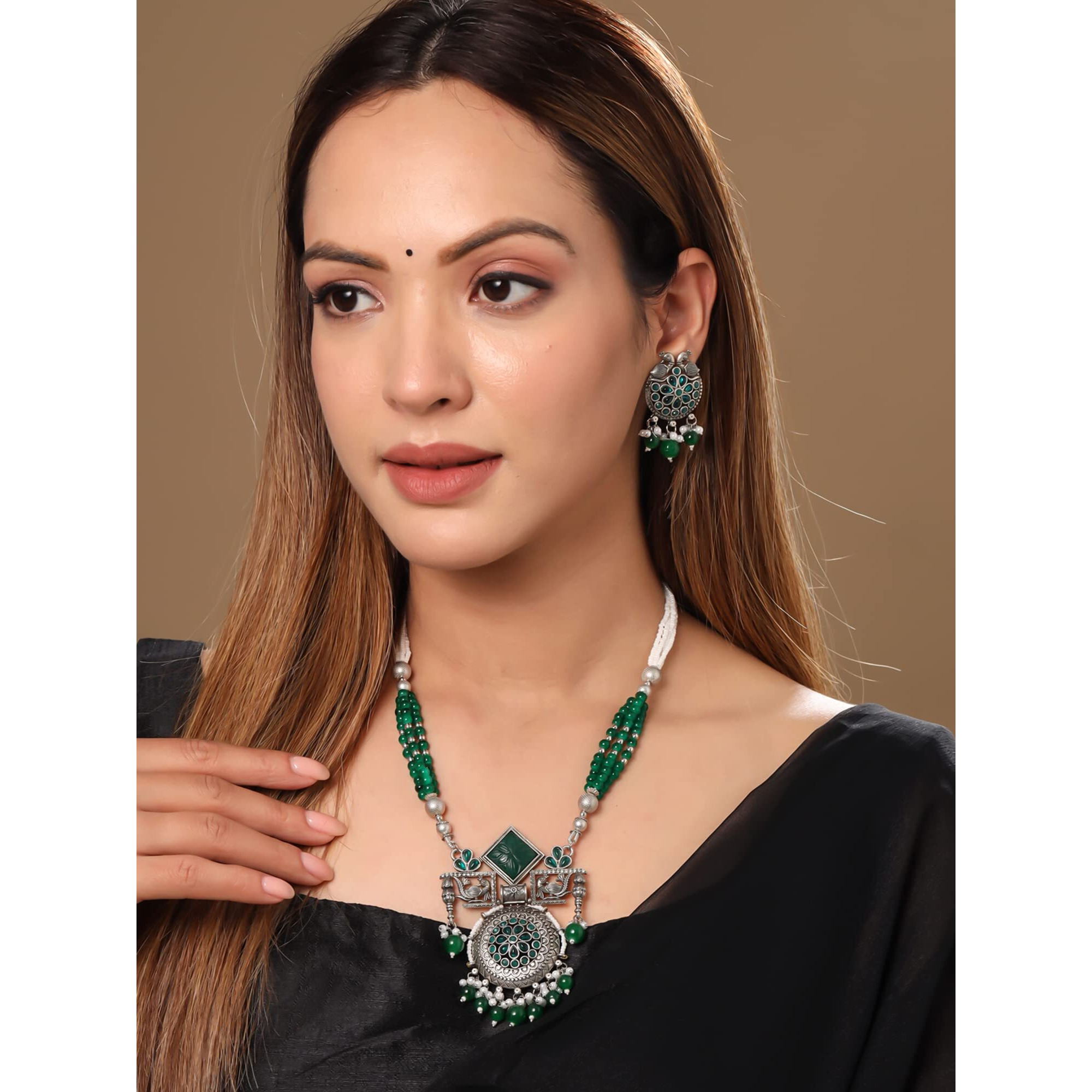 Yellow Chimes Mystic Grooves Collection Jewellery Set for Women and Girls Beads Necklace Set for Women | Silver Tone Green Beads Beaded Big Charm Necklace Set | Birthday Gift for girls and women Anniversary Gift for Wife