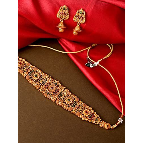 Yellow Chimes Traditional Jewellery Set for Women Ethnic Temple Jewellery Set Gold Plated Jewelry Set Traditional Long Haram Necklace Set for Women and Girls (Model-1)