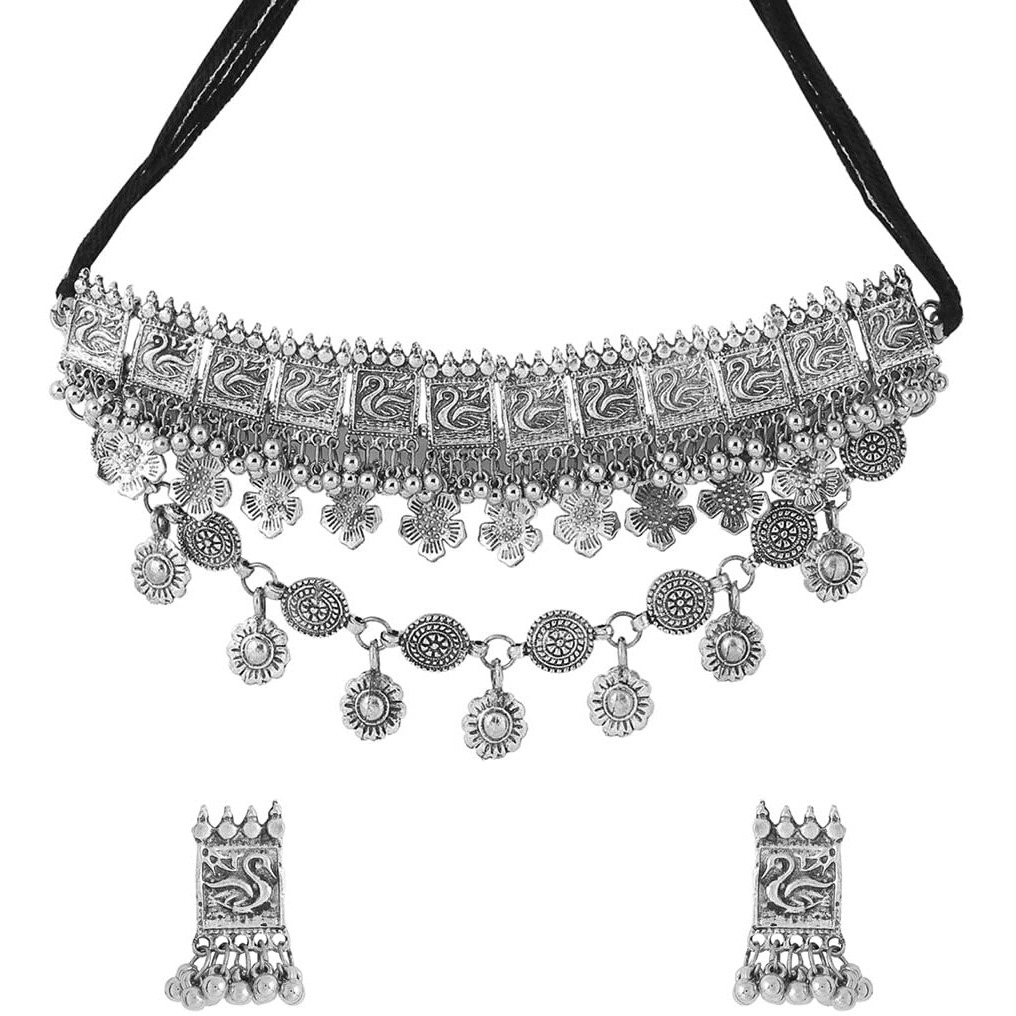 Yellow Chimes Jewellery Set for Women and Girls Silver Oxidised Jewellery Set | Swan Designed Choker Necklace Set for Women | Birthday Gift For Girls and Women Anniversary Gift for Wife