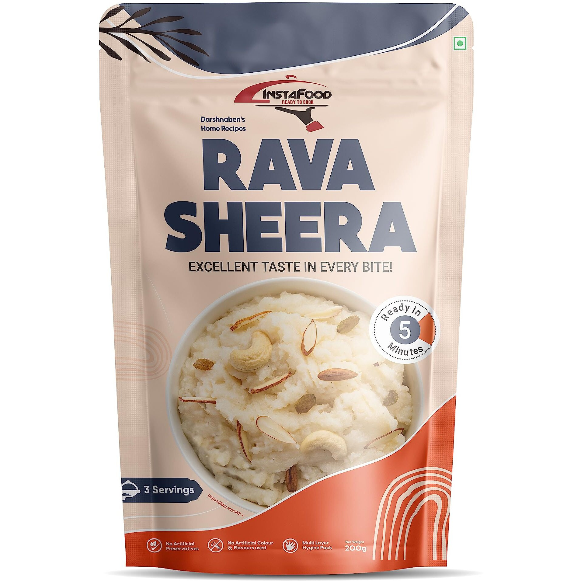 INSTAFOOD Rava Sheera | Ready to Eat & Cook Meal 3-4 Servings | Pack of 1 (200g) | After Cooking Gets 400GM to Serve | Zip Lock Packaging | Vegetarian Meal | Easy to Make Food|Just Add Water and Cook