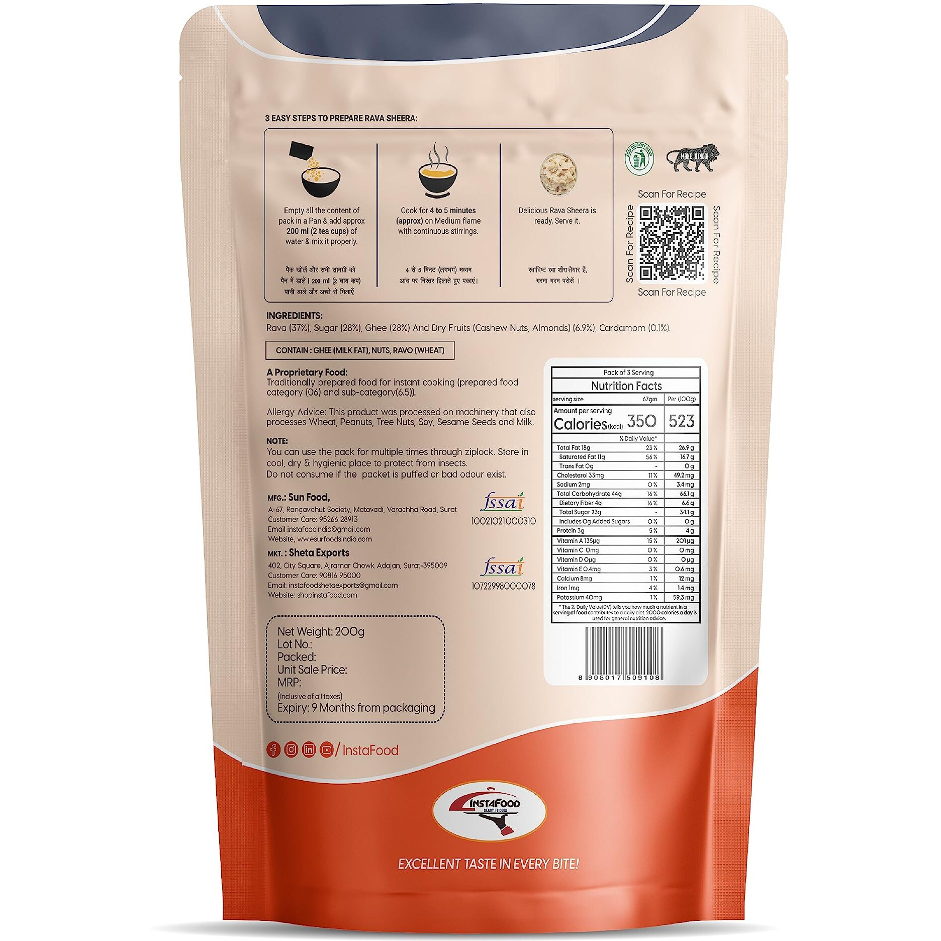 INSTAFOOD Rava Sheera | Ready to Eat & Cook Meal 3-4 Servings | Pack of 1 (200g) | After Cooking Gets 400GM to Serve | Zip Lock Packaging | Vegetarian Meal | Easy to Make Food|Just Add Water and Cook
