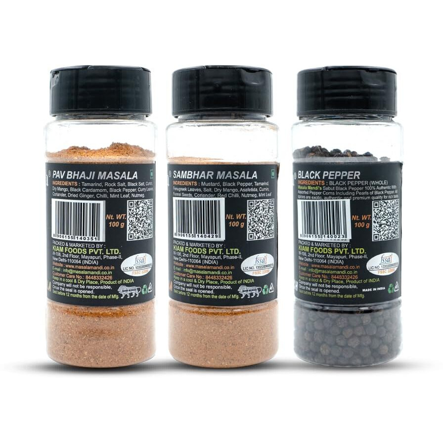 Pavbhaji Masala-100g, Sambher Masala-100g, Black Pepper Powder-100g, All Spices Are Exotic, Authentic and Quality for Rich Taste.