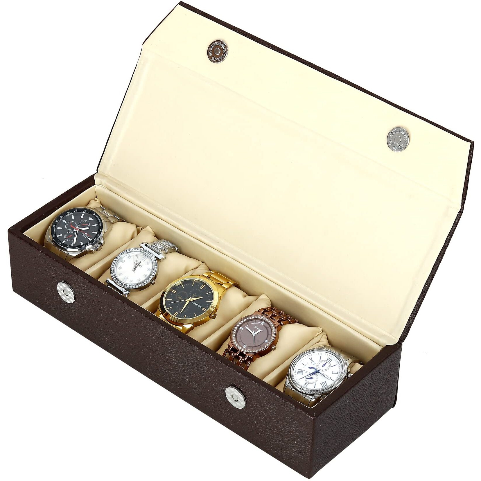 Hard Craft Watch Box Case PU Leather for 5 Watch Slots - Brown